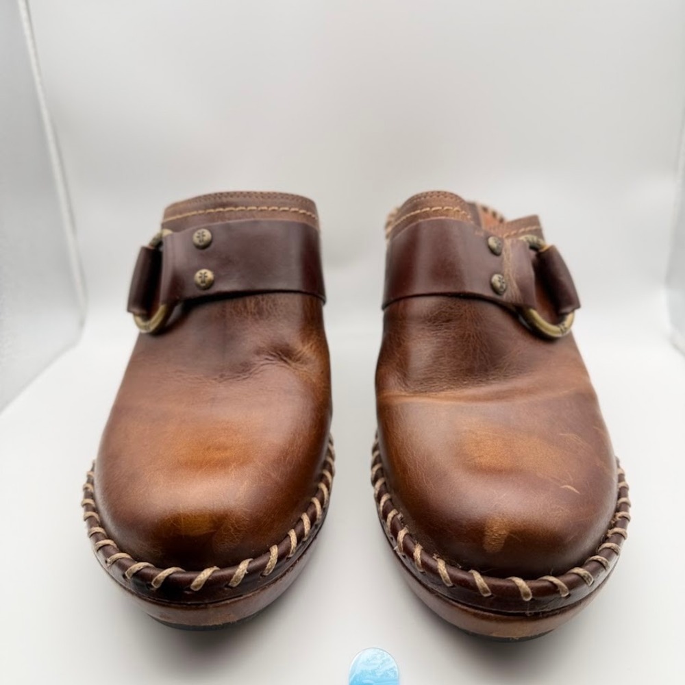 Frye Charlotte Ring Harness Clogs Womens Sz 10 Brown Leather Slip On Whip Stitch - Picture 2 of 12